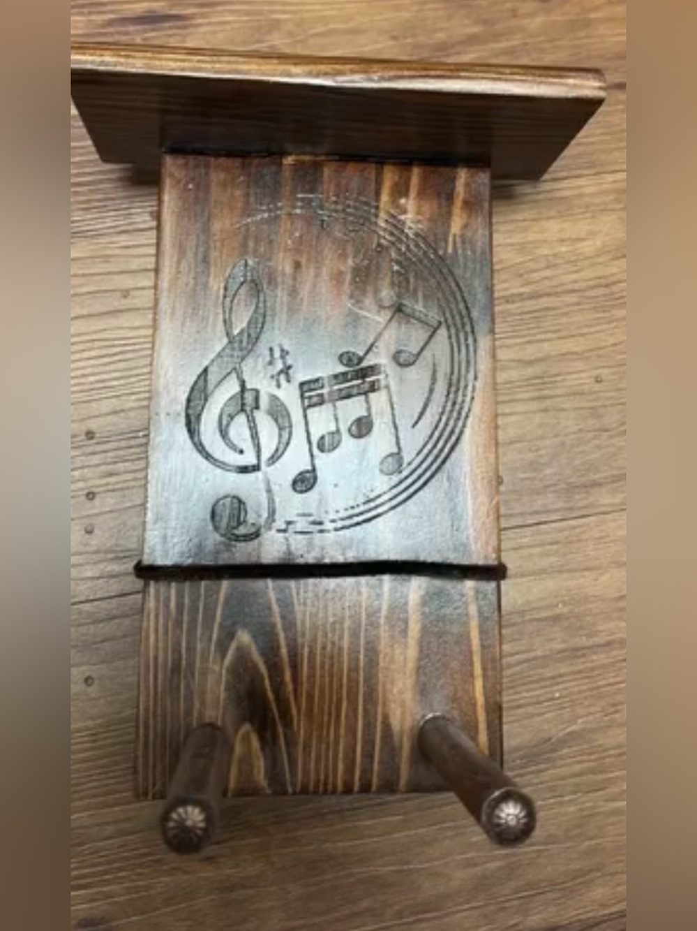 Handcrafted Wooden Wall-Mounted Guitar Hanger with Engraved Music Notes